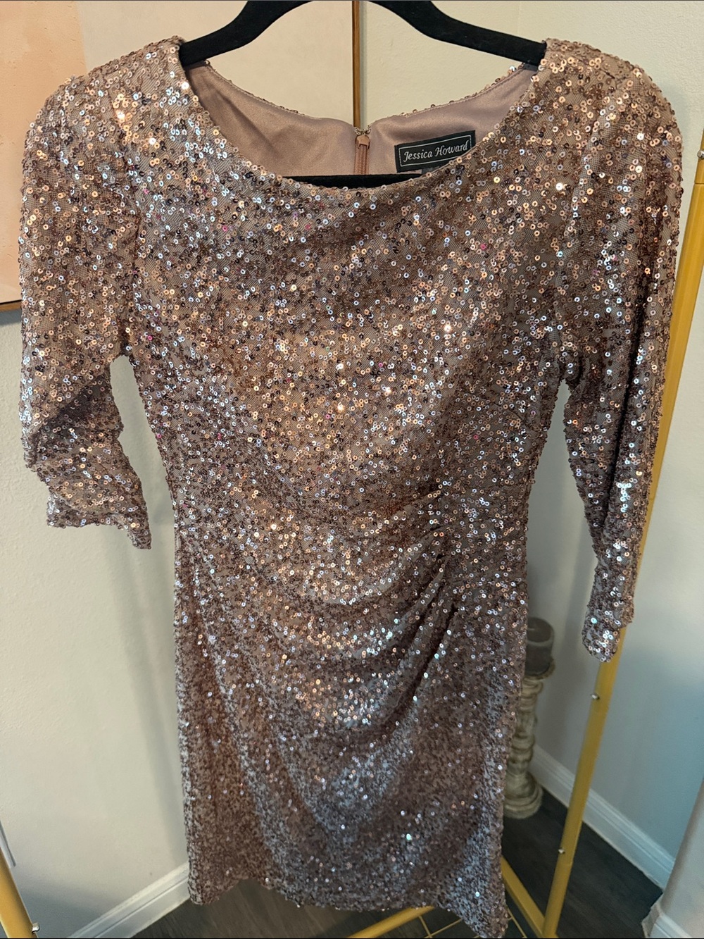 Jessica Howard Rose Gold Sequin 3/4 Long Sleeve Sheath Dress size 4P
